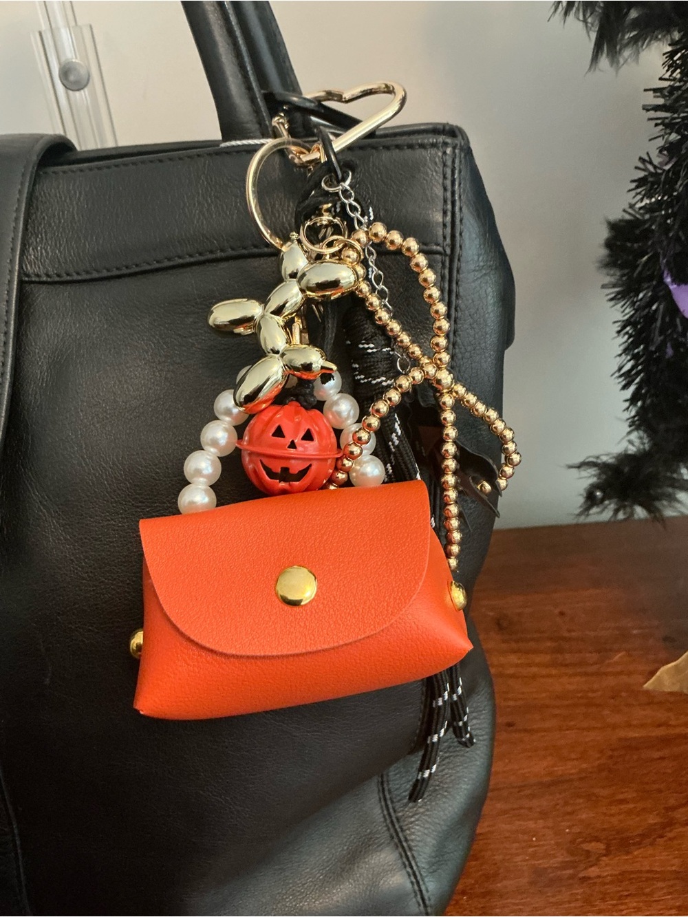 Halloween Pumpkin Orange Mini Pleather Pouch Bag Gold Balloon Dog Charm Keychain